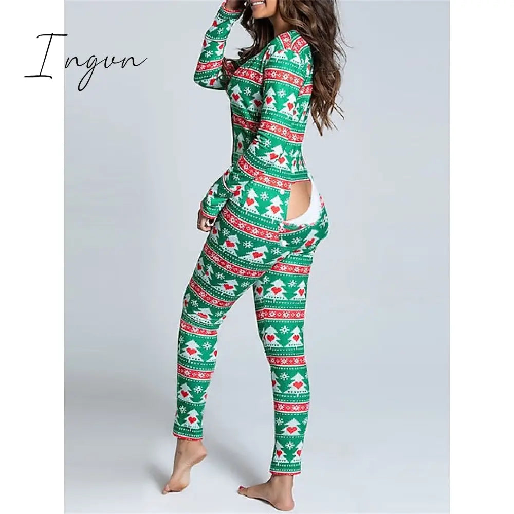 Ingvn - Women's Pajamas Jumpsuit Elk Snowflake Casual Comfort Soft Home Christmas Daily Polyester Breathable V Wire Long Sleeve Hole Fall Winter White Red