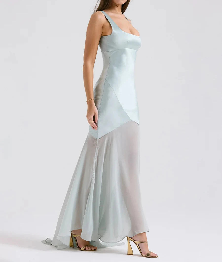 Elegant Women Spring High Chiffon Splicing Dress Slim Backband Wrapped Hip Forged Face Dress Elegant Floor Evening Dress