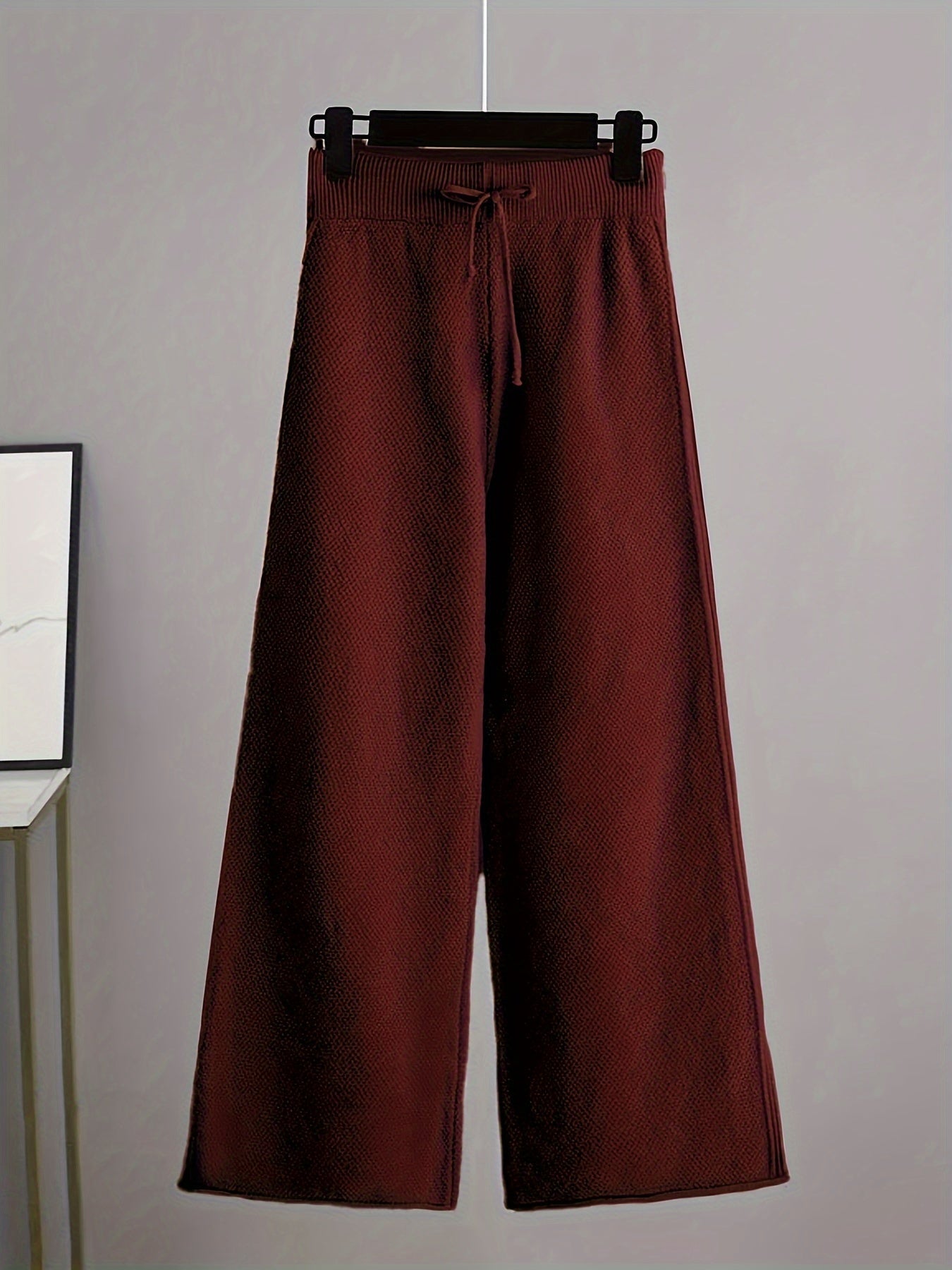 Cozy Knit Pants Set - Soft Long Sleeve Crew Neck Drop Shoulder Sweater, Drawstring Waist Wide Leg Pants, Comfortable Women's Clothing Outfit for Casual Daily Wear - Autumn Winter Fashion Essentials