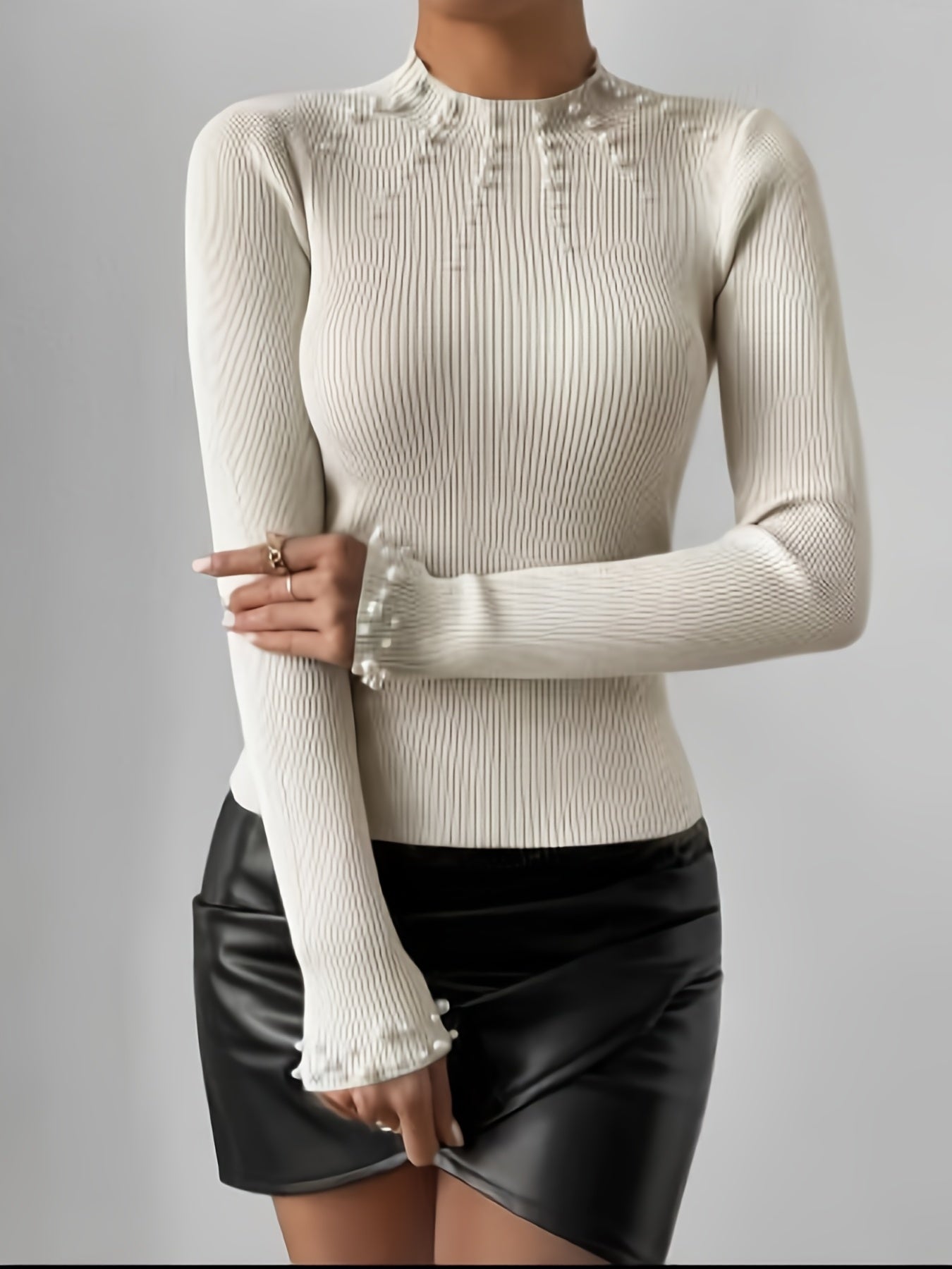 Stylish Beaded Mock Neck Sweater - Pullovers for Women - Long Sleeve, Casual, Fall and Winter Essential, Soft and Cozy Clothing with Decorative Accents