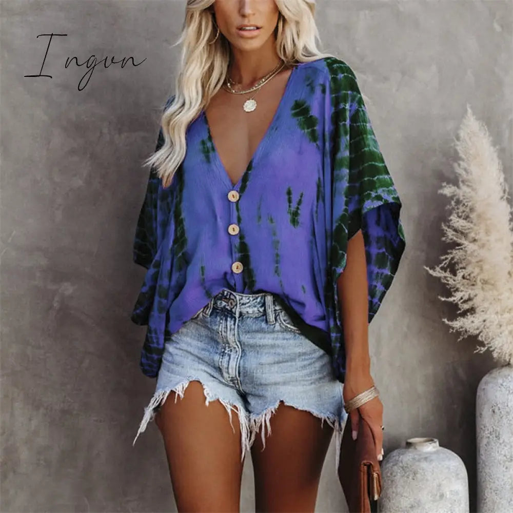 Ingvn - Summer Fashion Oversized Deep V-neck Women's Shirt Tie Dye Vintage Print Button Batwing Sleeve Top Female Casual Loose Cardigan