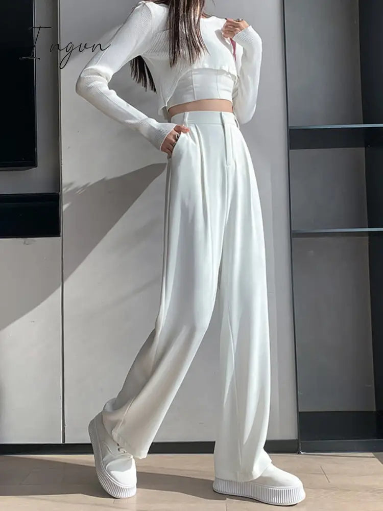 Ingvn - Spring Outfits Trends Casual High Waist Loose Wide Leg Pants for Women Spring Autumn New Female Floor-Length White Suits Pants Ladies Long Trousers