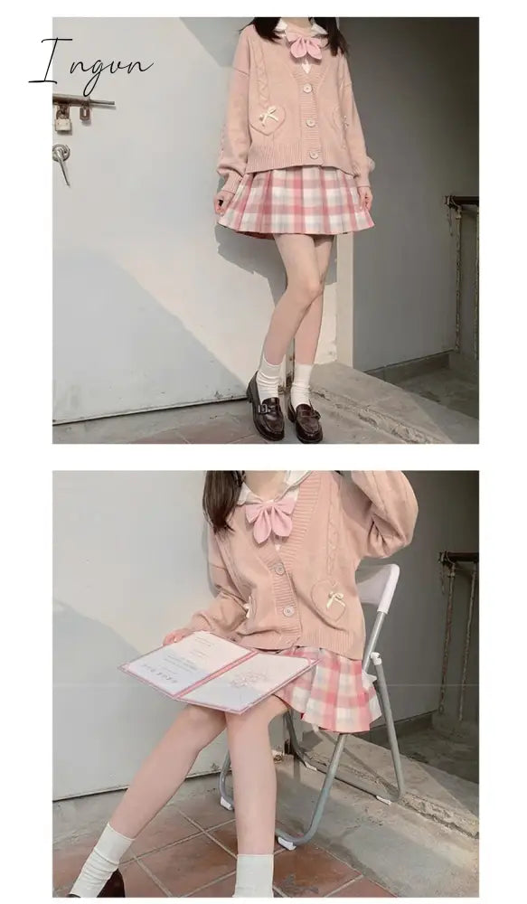 Ingvn - Spring Japan Kawaii Fashion Pink Cardigan Women Vintage Crop Knitted Sweater Cute Bow Heart Korean JK School Coat
