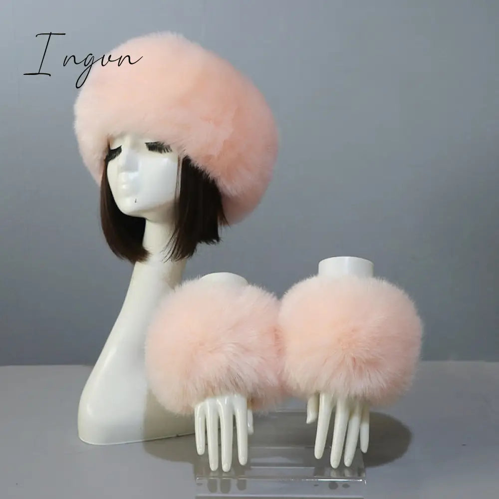 Ingvn - New Autumn Winter Caps Female Hats Cuffs Set Fashion Warmth Imitation Quality Design Faux Fur Hat Fox Fur Sleeves Suit Accessary