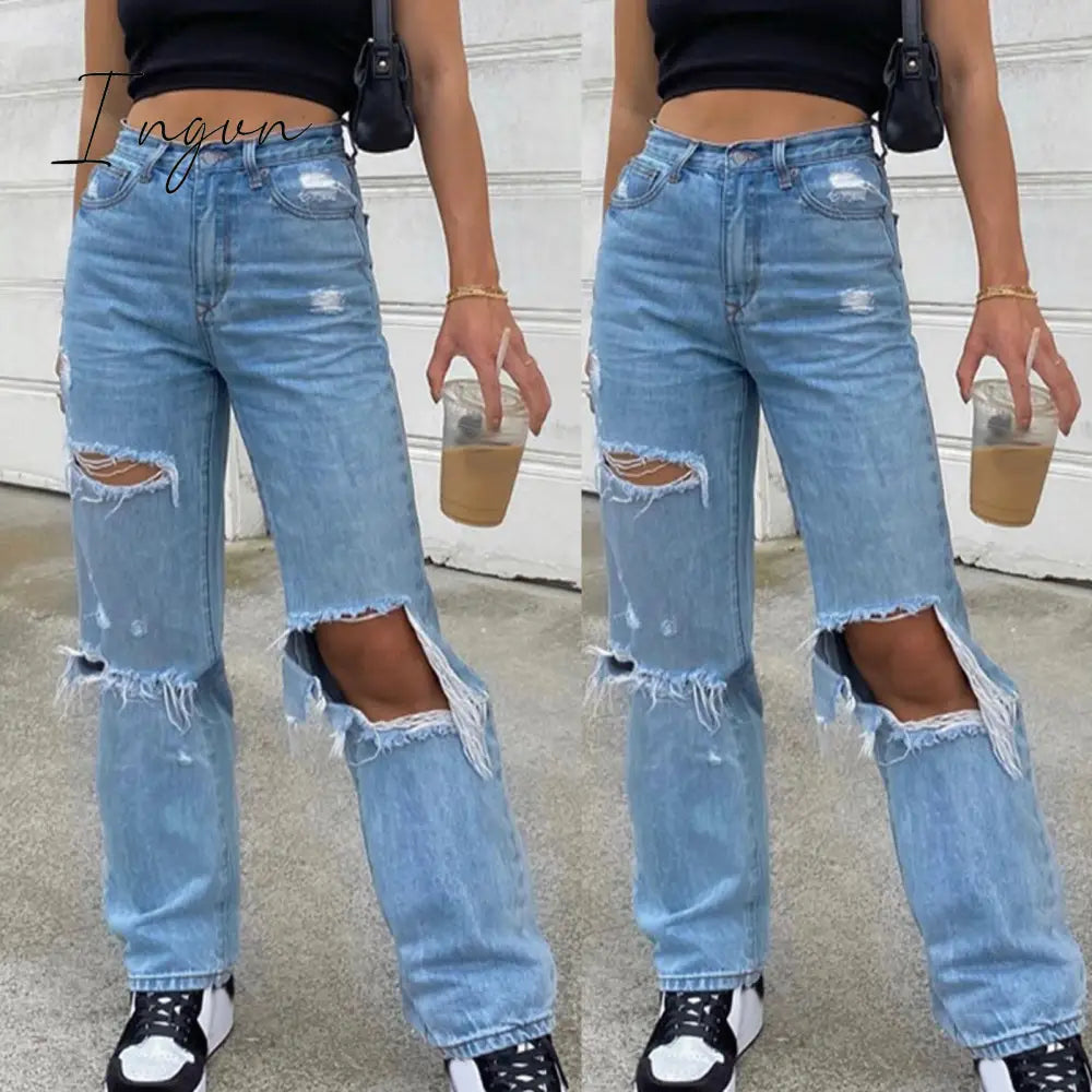 Ingvn - Baggy Jeans Straight Leg Ripped Jeans For Women Fashion Loose High Streetwear Women High Waist Pants Hole Boyfriend Trousers