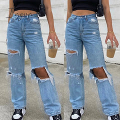 Ingvn - Baggy Jeans Straight Leg Ripped Jeans For Women Fashion Loose High Streetwear Women High Waist Pants Hole Boyfriend Trousers