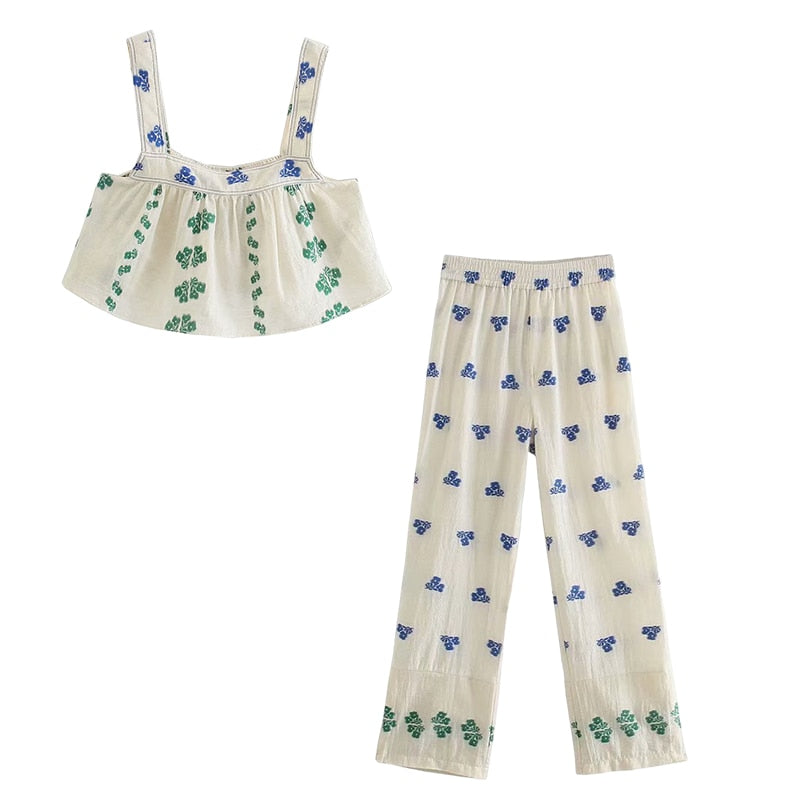 Voguable  Cotton Linen Beige Folk Vintage Sleeveeless Women Sets Casual Crop Top Wide Leg Slip Pants Suits Summer Floral Sets