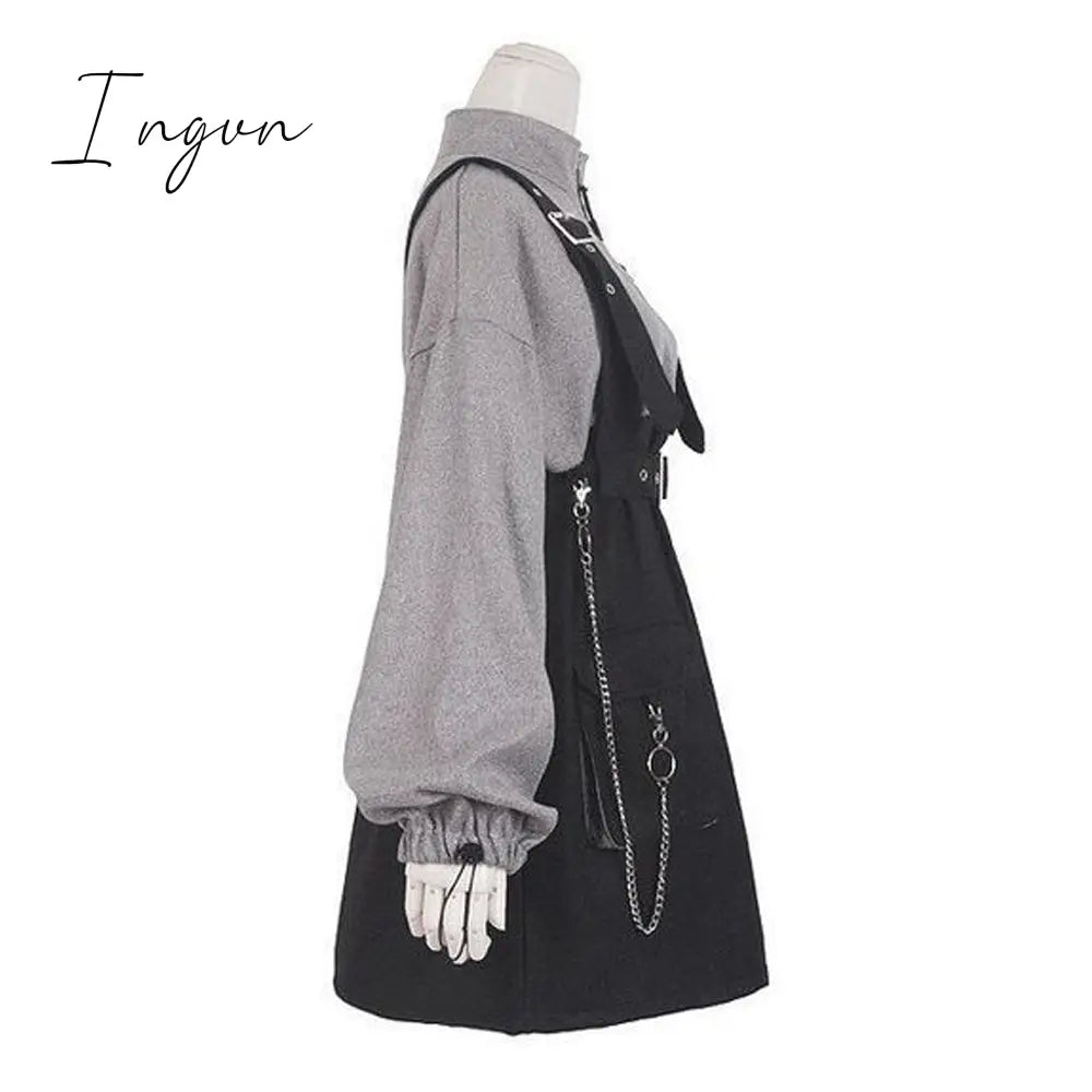 Ingvn - Retro Vintage Women Gothic Girls Punk Mini Dress High Waist Long Sleeve Hat Collar Sexy Gry Black Lolita Plus Size Jurken