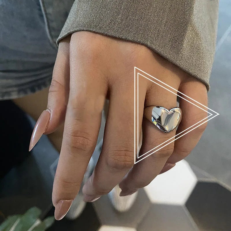 INGVN  Stainless Steel Simple Smooth Metal Heart Ring for Women Men Y2K Trendy Ring Korean Elegant Party Jewelry Couple Gifts
