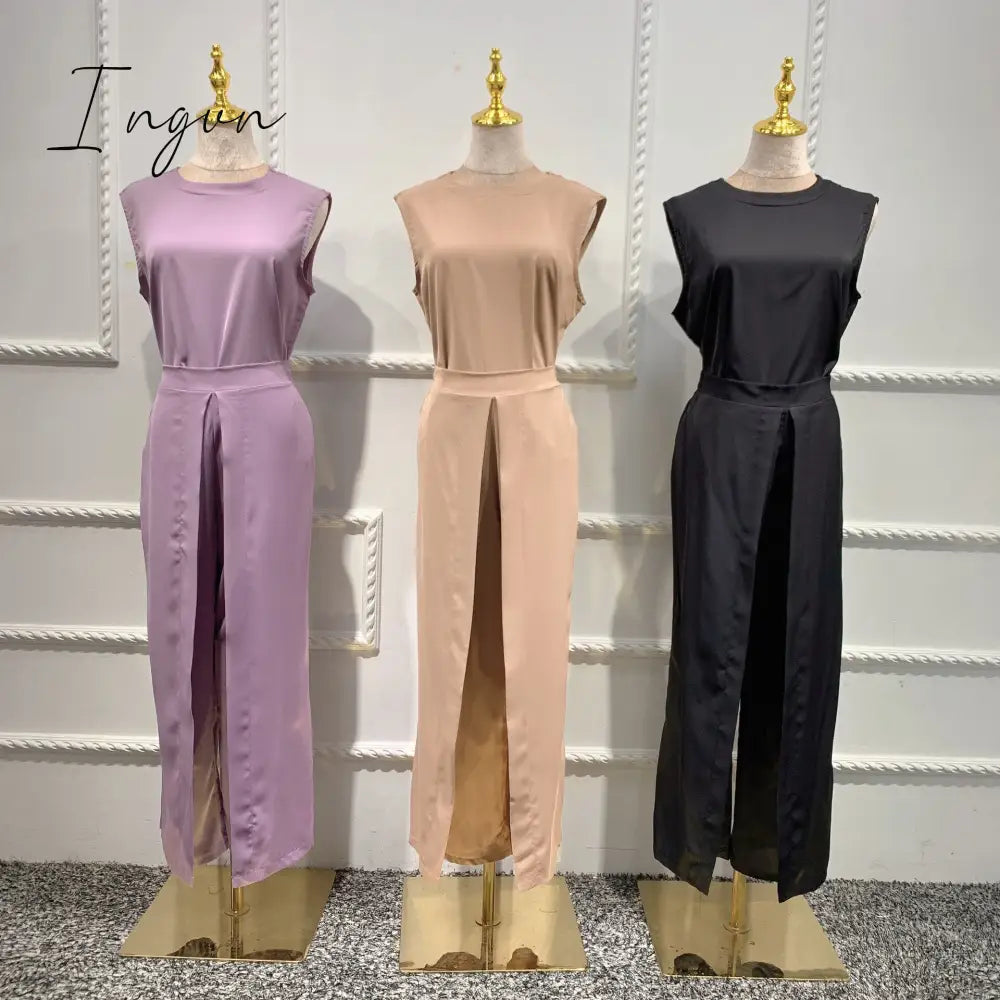 Ingvn - Spring Outfits Trends Women Solid Color Vest Wide Leg Pants Cardigan Coats 3-Piece Sets Fashion Design Arab Islamic Dubai Female Elegant Suit