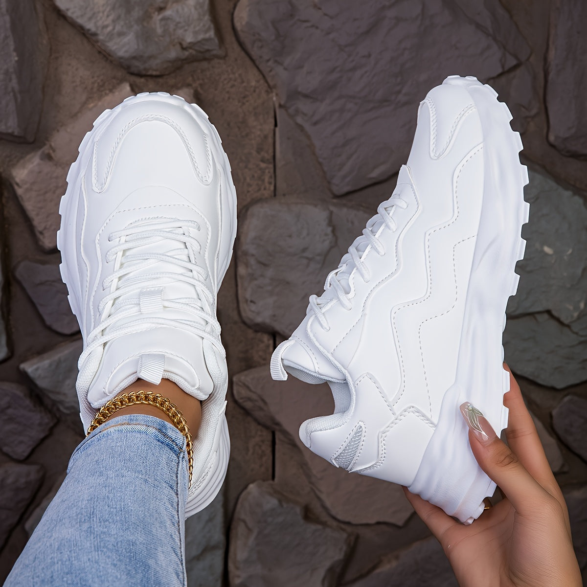 Women's Fashion Chunky Sneakers - Lightweight, Stabilizing Support, Breathable, Comfortable Road Running Shoes, All-Season Casual Thick Sole Athletic Footwear with PU Upper & MD Sole, Fabric Inner & Insole