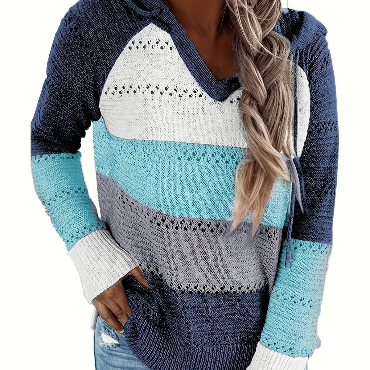Color Block Drawstring Hooded Sweater, Casual Long Sleeve Sweater For Fall & Winter, Women's Clothing