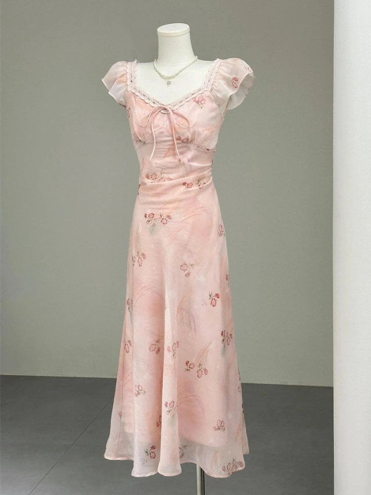 French Holiday Style Sweet Summer Dresses Women New Fashion Floral Pink Chic Long Dress Female Elegant Korean Popular Clothes