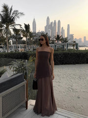 2025 Summer Women Fashion Strapless Dress With Ribbon Patchwork Elegant Sleeveless Mesh Split Dress Vacation Beach Long Dresses