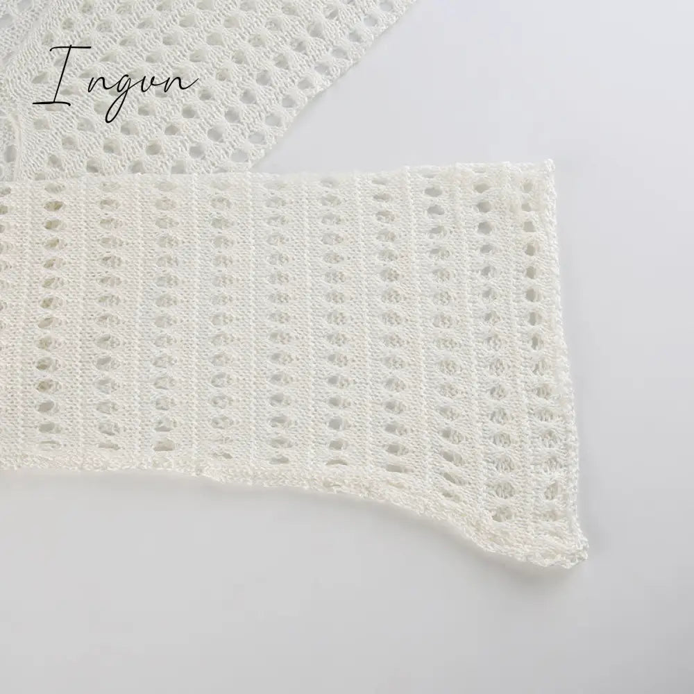 Ingvn - Hot Sell Irregular Hollow Out Knitted Y2K T-Shirts Women Summer Vacation Clothes O Neck Flare Sleeve See Through Casual Tops