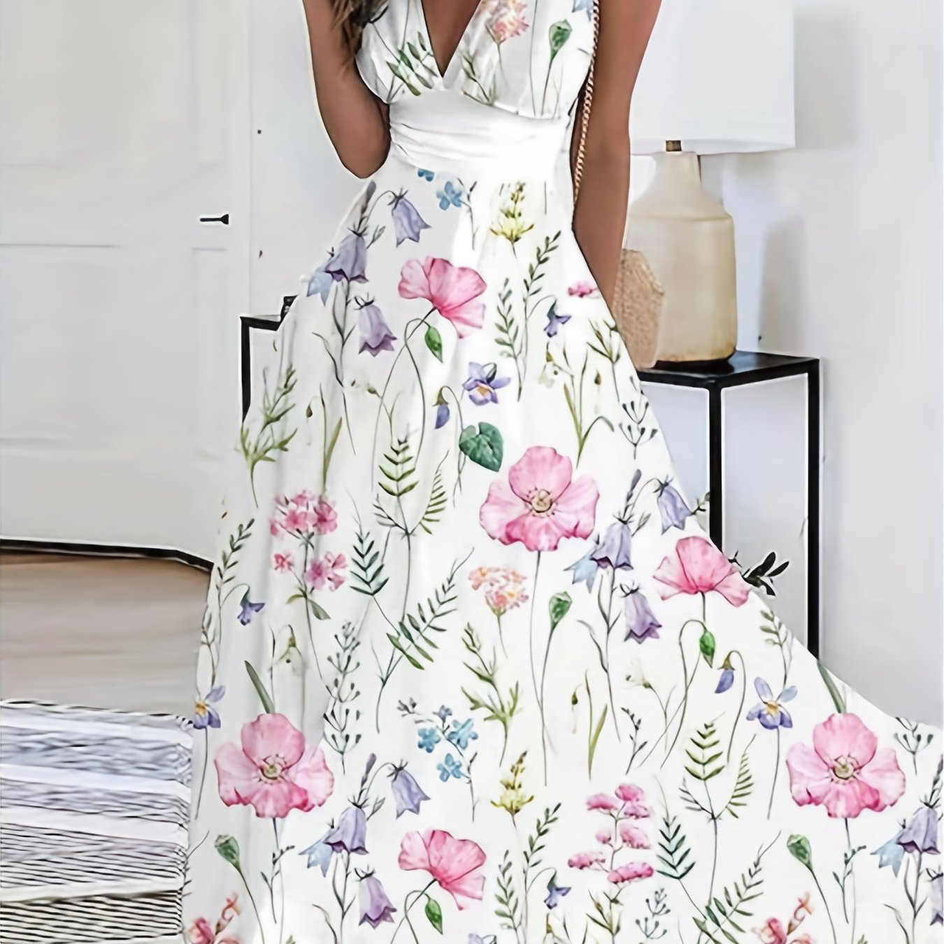 Floral Print Sleeveless Dress, Boho V Neck Simple Maxi Dress, Women's Clothing