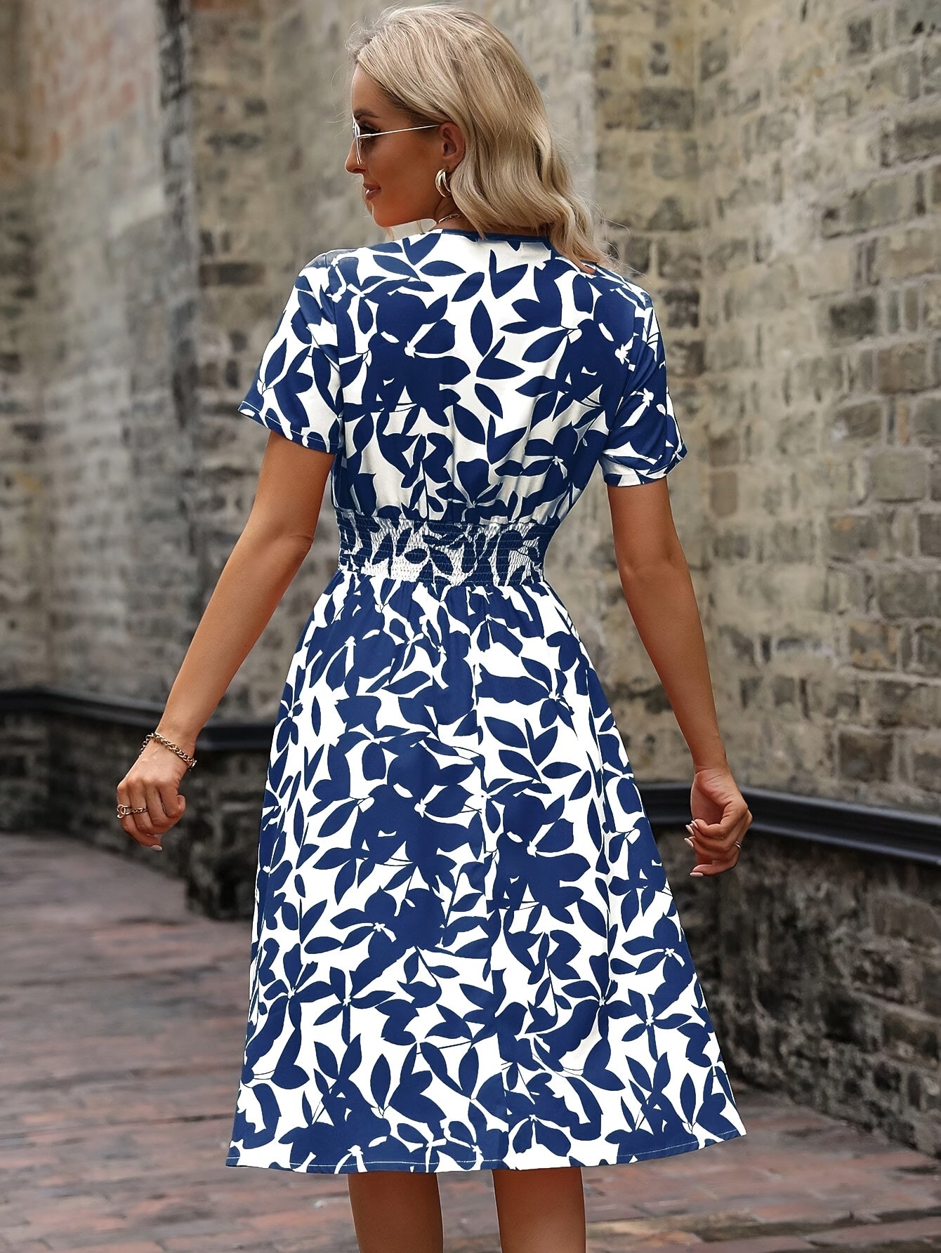 Blooming Floral Wrap Neck Dress - Elegant Short Sleeve, V-Neck, A-Line Silhouette, Spring & Summer Essential, Women's Clothing for Chic Occasions
