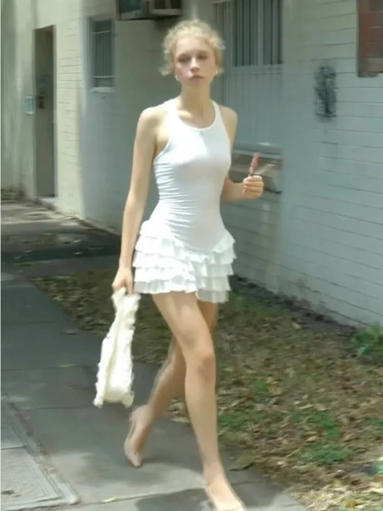Ruffled Summer Fashion Mini Dress For Women Patchwork Slim Tee Bow Solid Sleeveless Dress Women's White Bodycon Dress New