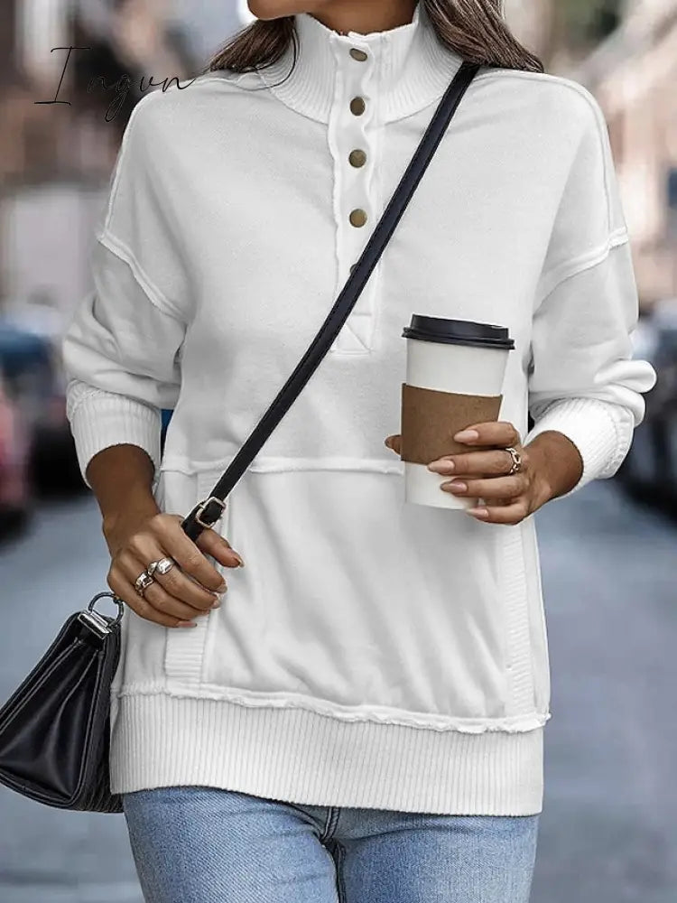 Ingvn - Women's Sweatshirt Pullover Basic Button Front Pocket White Pink Brown Solid Color Casual V Neck Long Sleeve Top Micro-elastic Fall & Winter