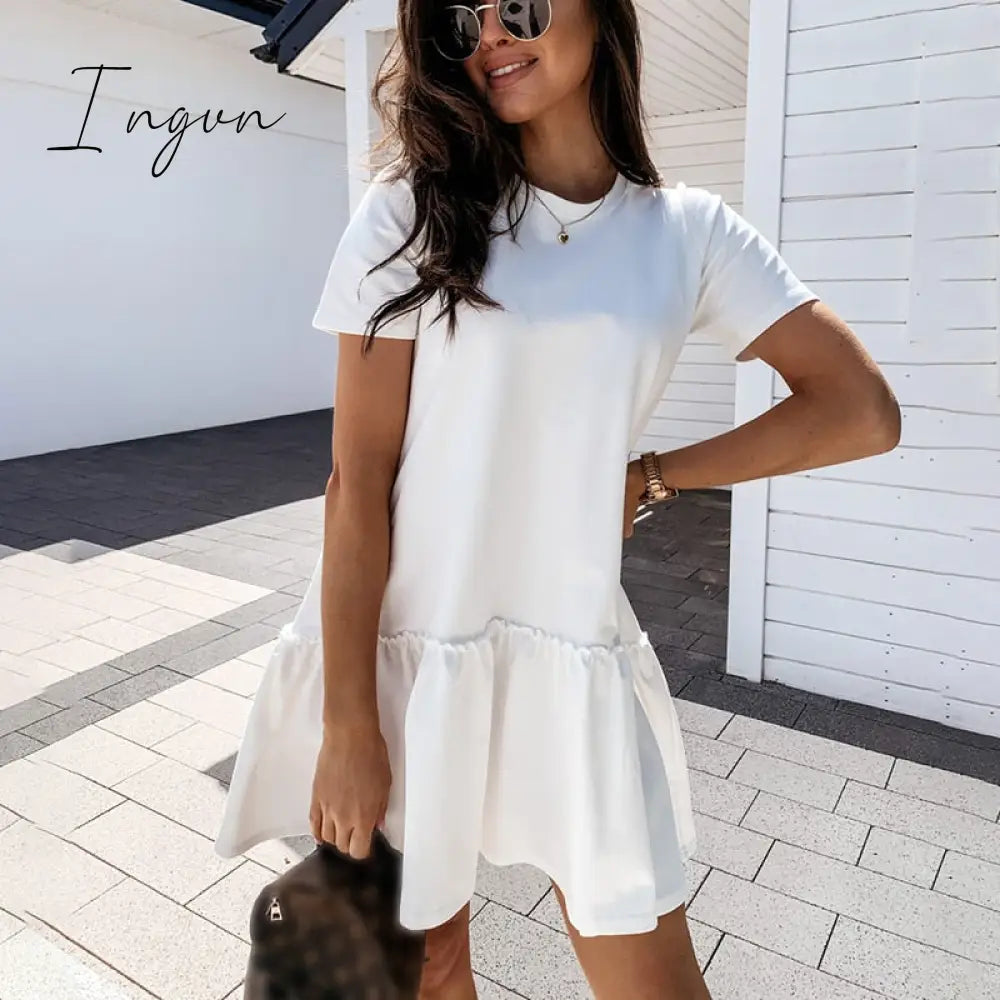Ingvn - Fashion Trends Loose Casual Short Sleeve Mini Dress Women Summer O-neck White Black Ruffles Big Hem Beach Dresses For Woman Femme Robe
