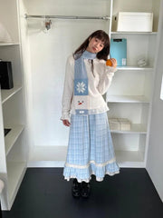 Autumn Winter Y2k Skirts Blue Plaid Woolen Vintage Plaid Lace Splicing Skirt High Waist Slimming A Word Long Skirt