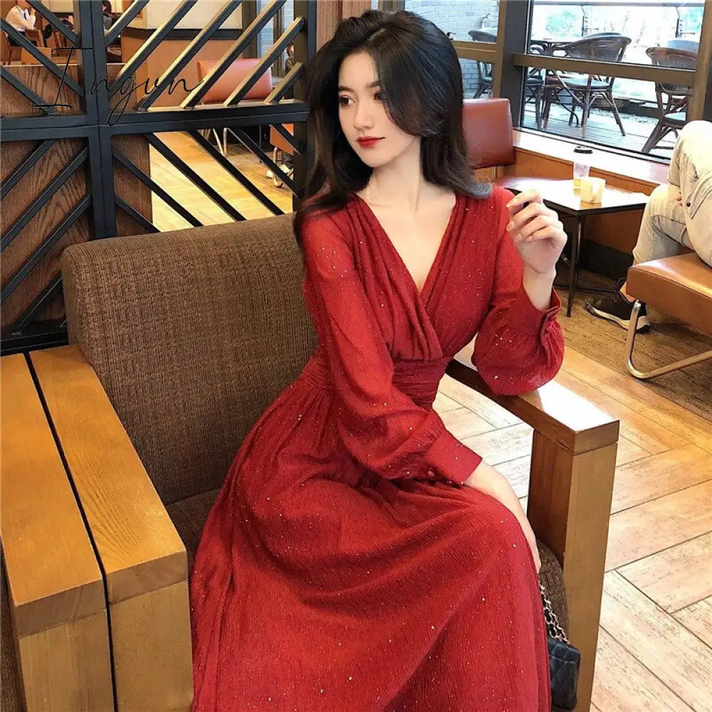 Ingvn - Women Dress Autumn V-Neck Long Sleeve Shiny Midi Dress A-Line Evening Night Party Elegant Dress Red Black Pink vestidos