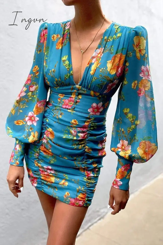 Ingvn - Women Sexy Deep V Neck Floral Print Long Lantern Sleeve Ruched Dress Summer Elegant Female Bodycon Party Dress Vestido