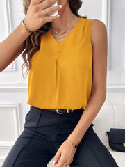 Solid V-neck Button Decor Top, Elegant Sleeveless Top For Summer, Women's Clothing