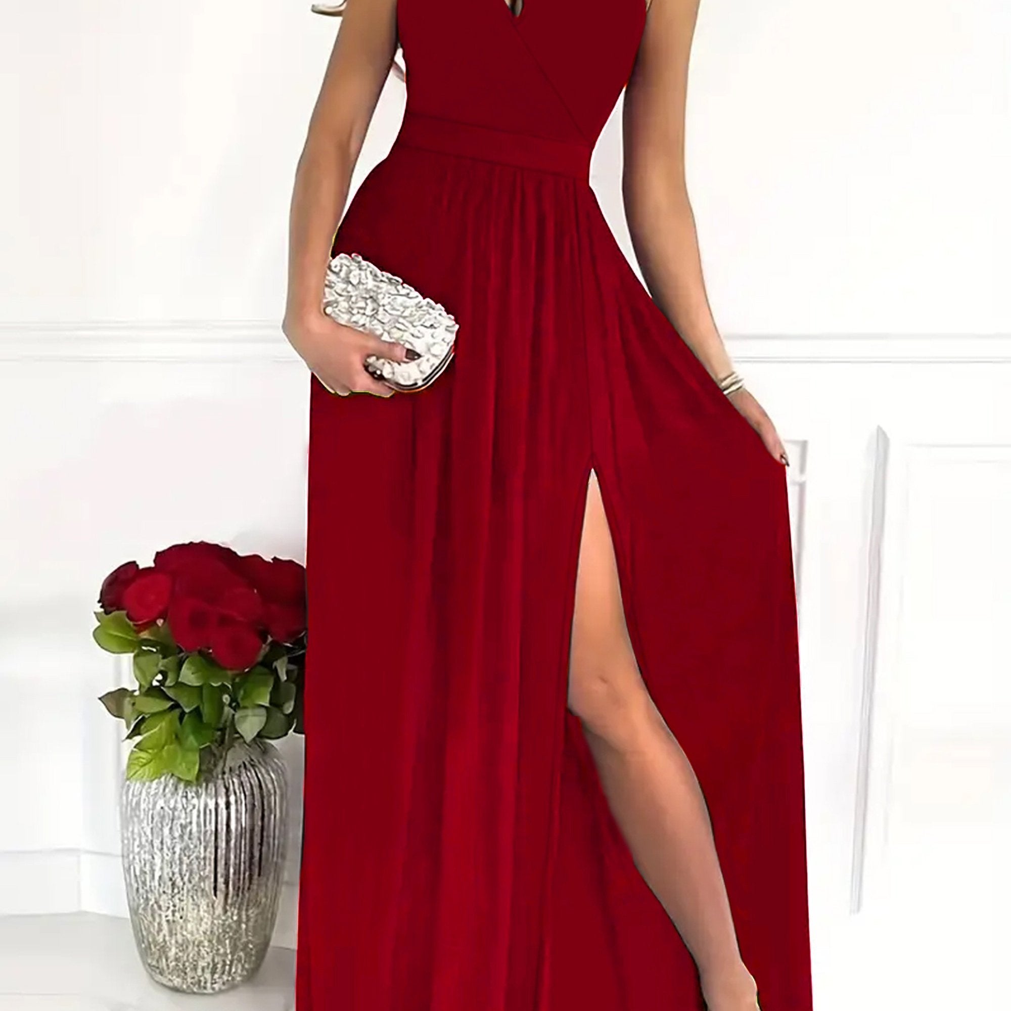Solid One Shoulder Split Aline Dress, Elegant Ruffle Hem Sleeveless Asymmetrical Dress For Club & Party, Women's Clothing