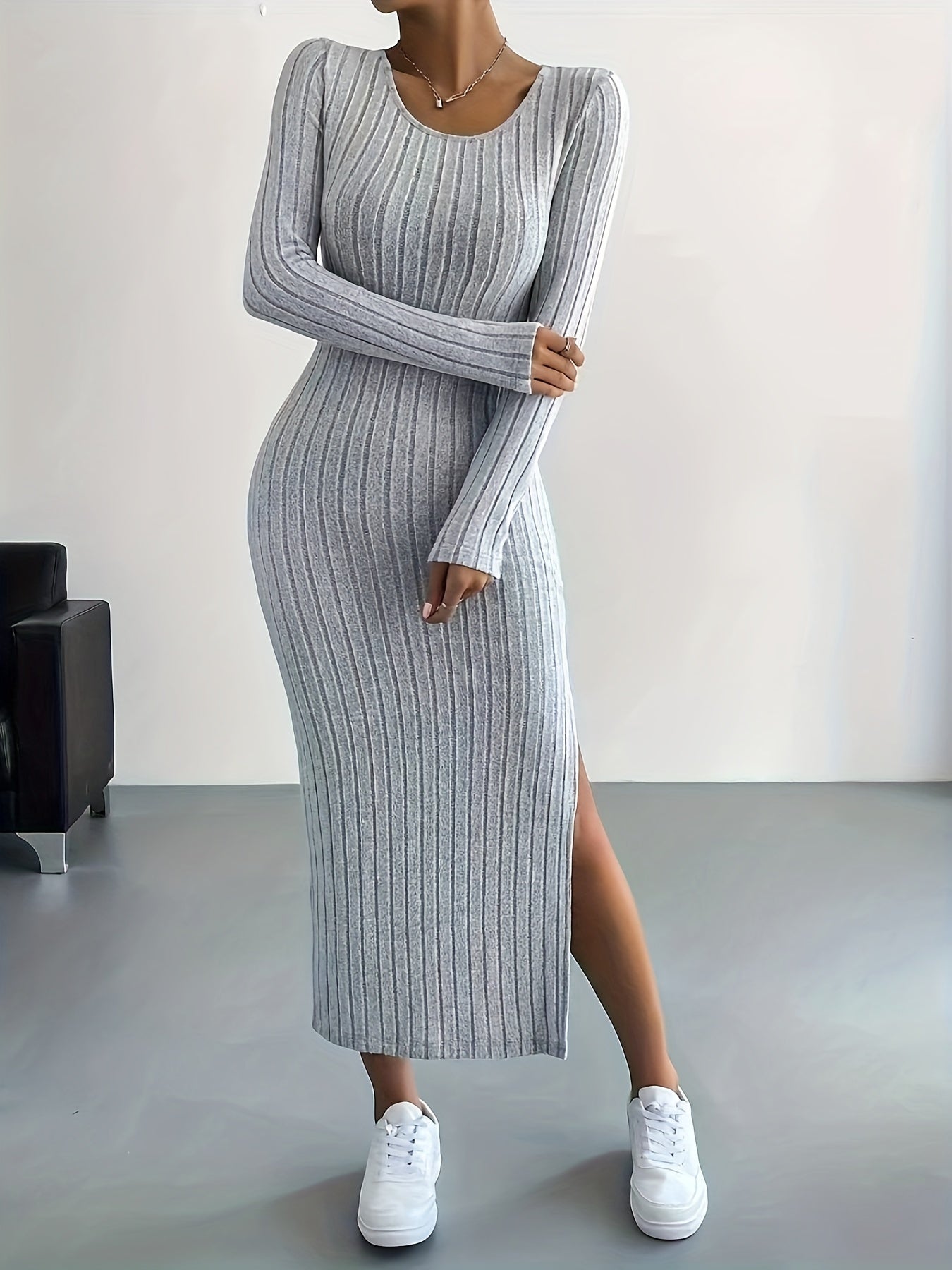 Long Sleeve Bodycon Ribbed Knit Dress - Sexy Crew Neck Split Thigh Slim Fit with Mid Elasticity - Machine Washable Polyester Fabric for Fall/Winter Season
