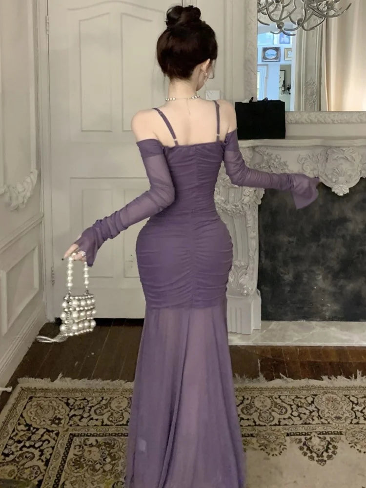 Sexy Spaghetti Straps Mermaid Dresses Elegant Long Sleeve Off Shoulder Pleated Bodycon Vestidos Vintage Party Dress Long Robe