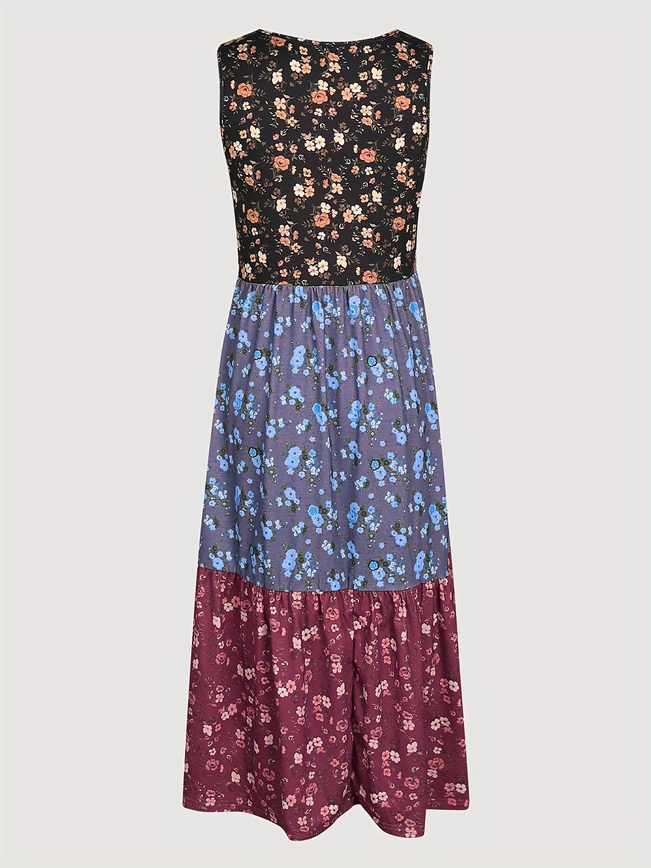 Fashionable Color Block Floral Print Tank Dress - Stylish Crew Neck, Flouncy Tiered Ruffles, Sleeveless - Versatile Casual Womens Summer Wear