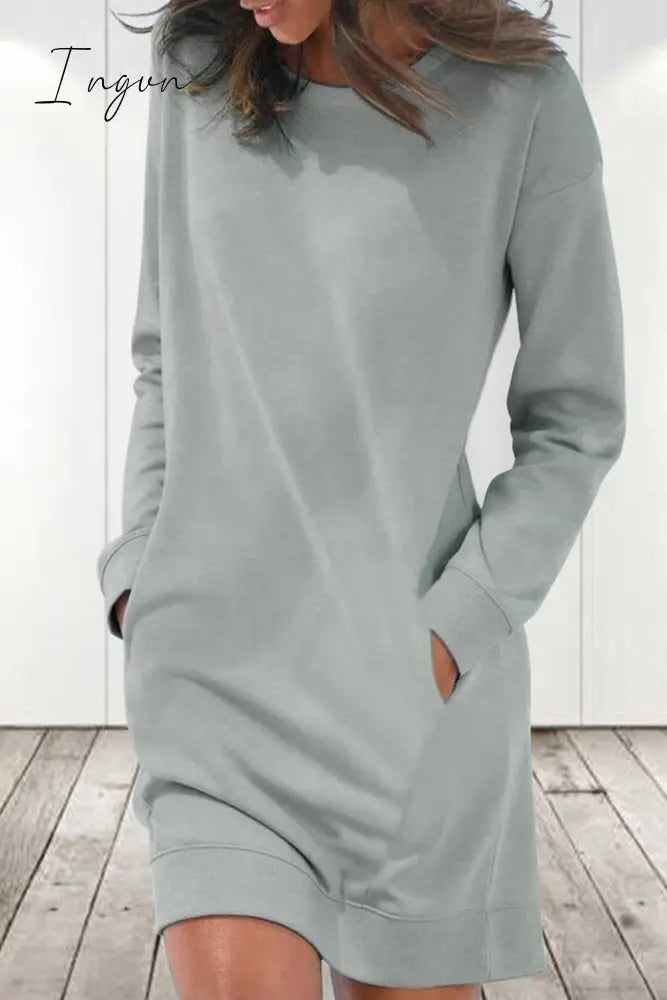 Ingvn - Casual Solid Solid Color O Neck Long Sleeve Dresses(6 Colors)