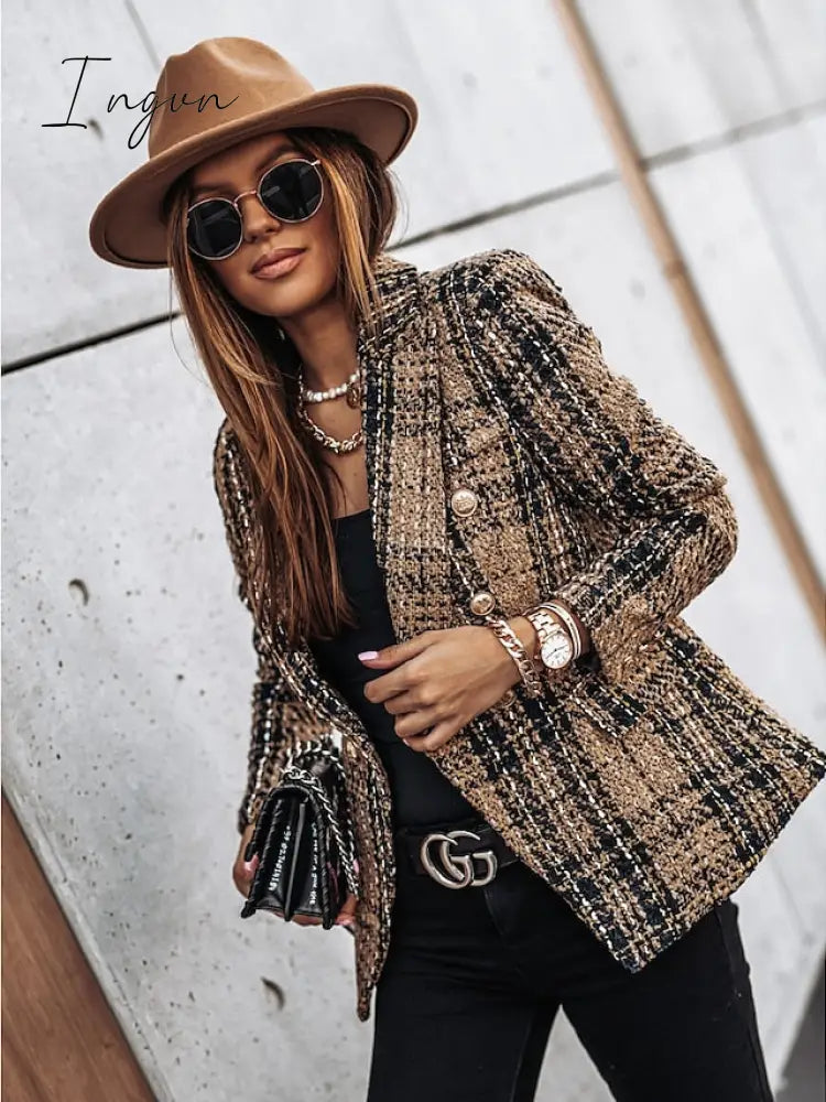 Ingvn - Women's Blazer Tweed Plaid Long Sleeve Coat Fall Winter Business Double Breasted Regular Jacket Green Brown XL 2XL 3XL
