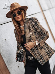 Ingvn - Women's Blazer Tweed Plaid Long Sleeve Coat Fall Winter Business Double Breasted Regular Jacket Green Brown XL 2XL 3XL