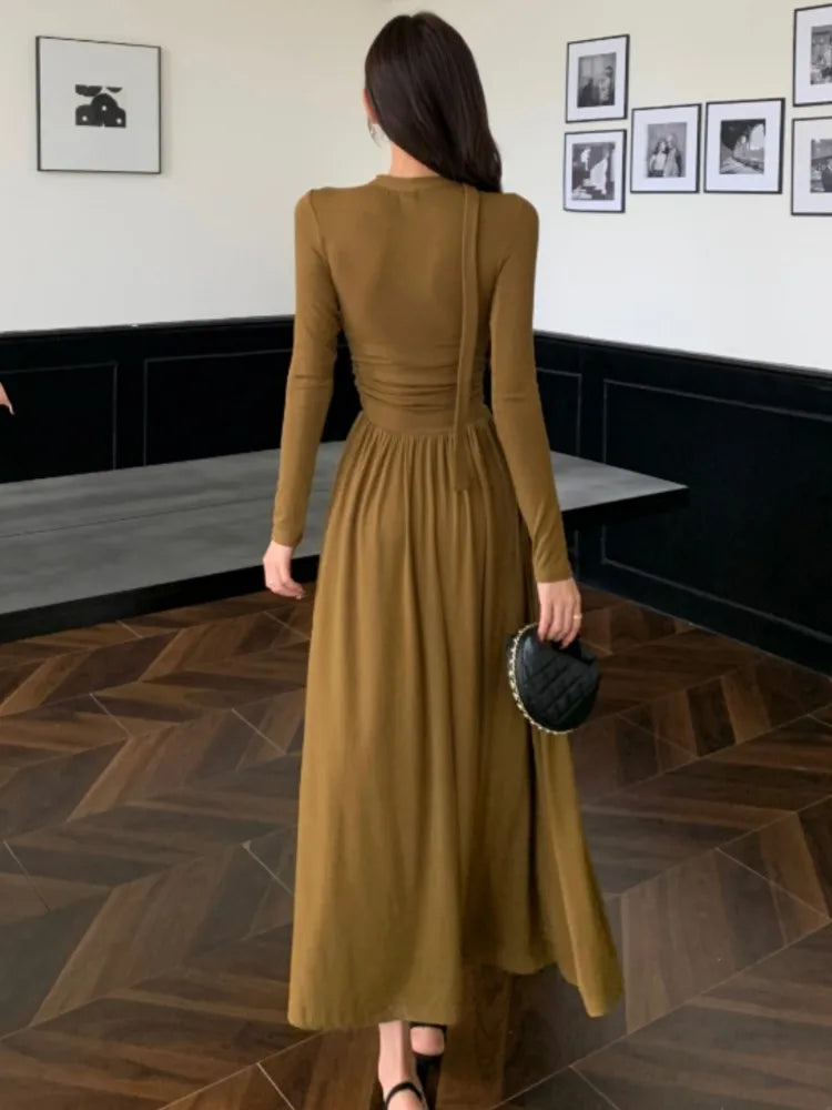 Elegant Solid Pleated Knitted Dress for Women Autumn V-Neck Long Sleeve Slim Party A-Line Chic Vestidos Female Evening Dresses