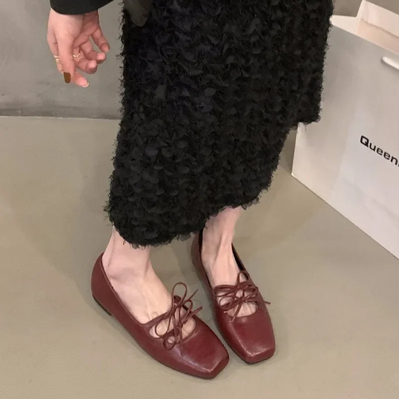 Double Bowknot Women Mary Jane Shoes New Spring Summer Square Toe Dress Flat Shoe Ladies Red Soft Sole Laofers Shoe Zapatos