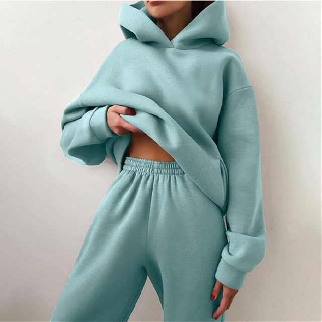 Women's Tracksuit Autumn Plus Fleece Sweatshirts Two Piece Set Casual Oversized Solid Female Sports Hoodie Suit Long Pant Sets