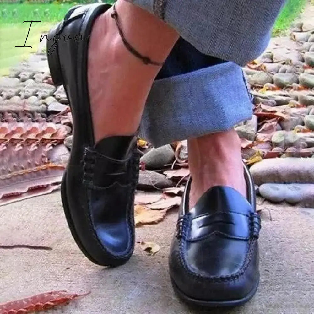 Ingvn - Women Vintage Slip On Loafers Low Heel Pu Leather Loafers