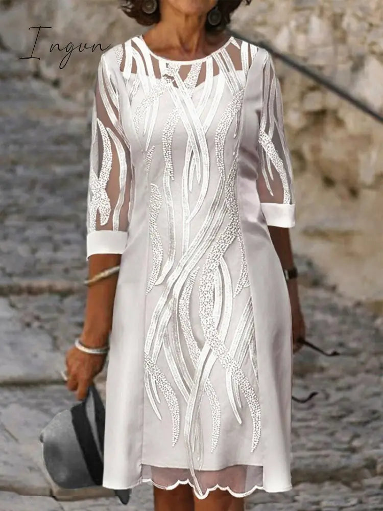 Ingvn - Fashion Trends Embroidered Dress Half Sleeve Casual Dress Sexy See-through Patchwork Lace Party Dress Women Fashion O Neck Loose Pullover Dress
