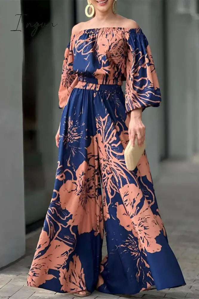 Ingvn - Street Elegant Floral Patchwork Off the Shoulder Long Sleeve Two Pieces