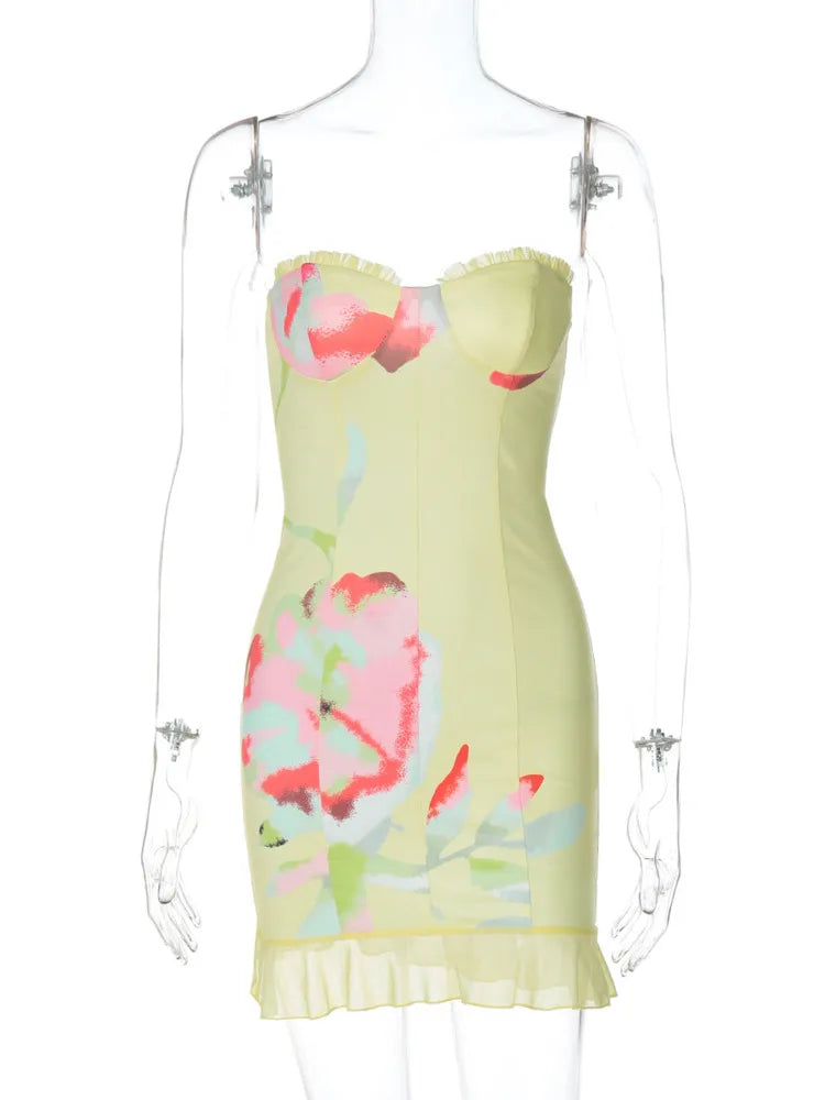 Off-shoulder Strapless Sexy Mini Dress For Women Robe Yellow Sleeveless Backless Ruffled Printed Club Dress Vestido