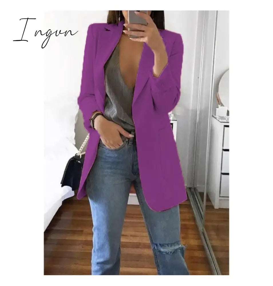 Ingvn - Fashion Korean Casual Women's Blazer Spring Autumn Long Blazer Women Suit Outwear Slim Coats Office Ladies Blazer Work Jacket