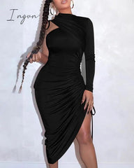 Ingvn - Sexy One Shoulder Drawstring Ruched Bodycon Dress Women Solid Long Sleeve Mid-calf Night Club Party Dress