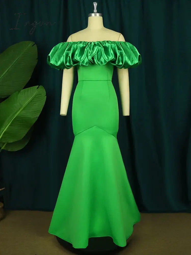 Ingvn - Women Long Party Dresses Mermaid Slim Christmas Bare Shoulder Puffy Bright Green Big Size Wedding Evening Occasions Gowns Robes