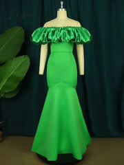 Ingvn - Women Long Party Dresses Mermaid Slim Christmas Bare Shoulder Puffy Bright Green Big Size Wedding Evening Occasions Gowns Robes