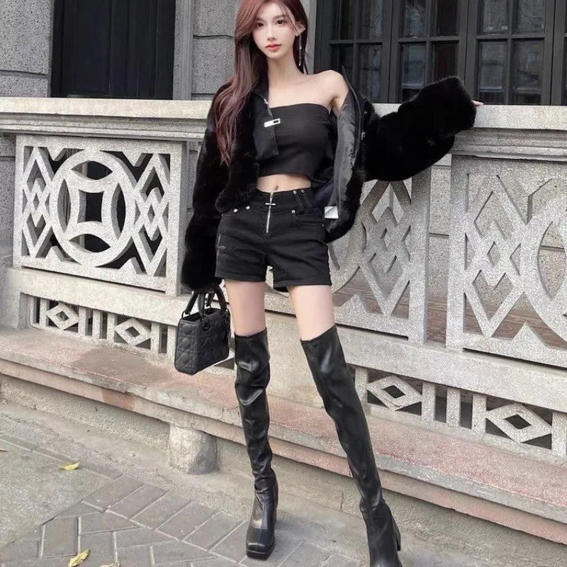 Women High Heels Shoes Platform Chunky Chelsea Boots Winter New Trend Over The Knee Boots Pumps Punk Sexy Motorcycle Botas