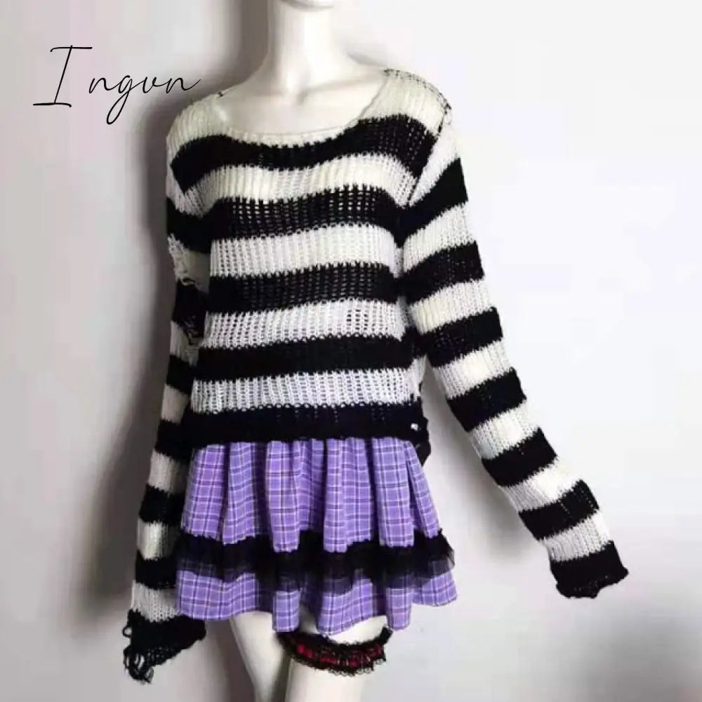 Ingvn - Plus Size Punk Gothic Long Unisex Sweater Dress Cool Hollow Out Hole Broken Jumper Loose Rock Thin Sweter Women Man Striped