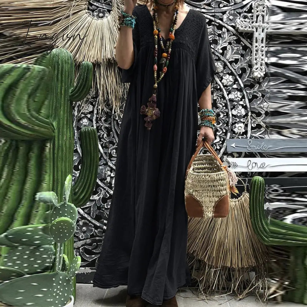 Ingvn - Women Lace Crochet Maxi Long Dress Summer 3/4 Sleeve Party Vestido Robe Femme Bohemian Sundress Casual Loose Autumn Dress