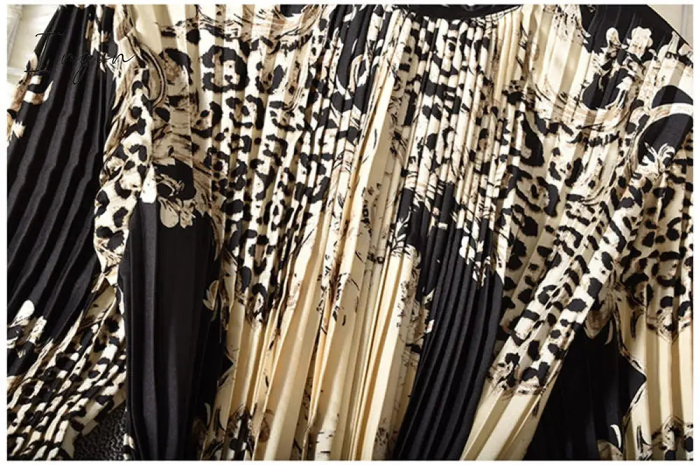 Ingvn - Vintage Long Dress Popular Full Sleeve Spring Fall New Loose A-Line Printed Leopard Pleated Women Dress Elegant Robe y1470